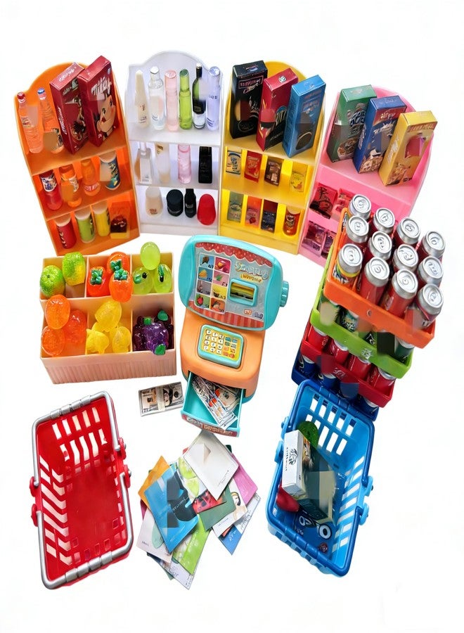 AoneFun 151Pcs Miniature Supermarket Shelves Furniture Model Food Drink Fruit Cosmetics Doll House Store Storage Bookshelf Accessories 3 Layers Shelf Display Rack Mini Locker Cash Register Cosplay Game Party - Image 1